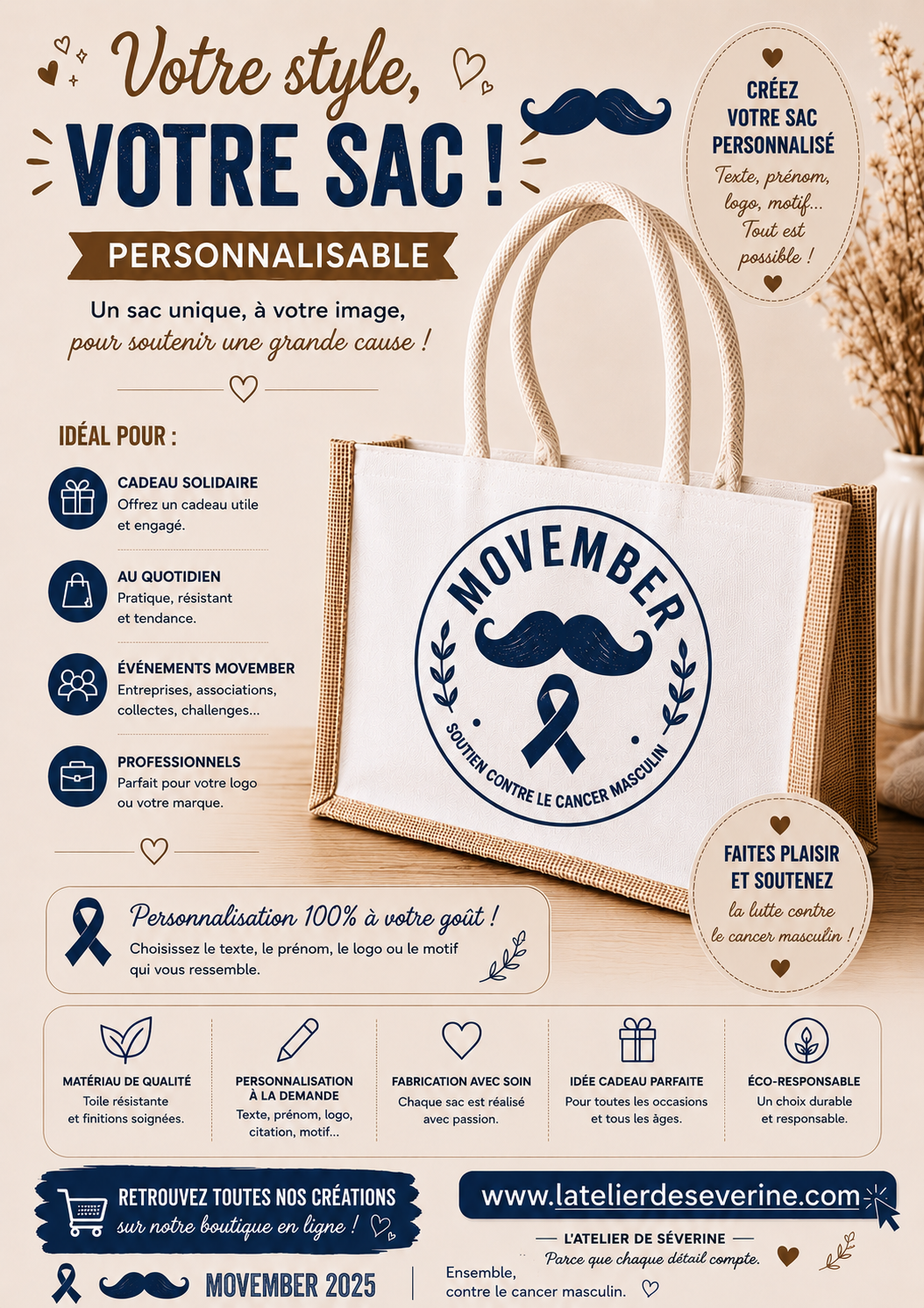 Sac toile de juste 33*22 cm movember