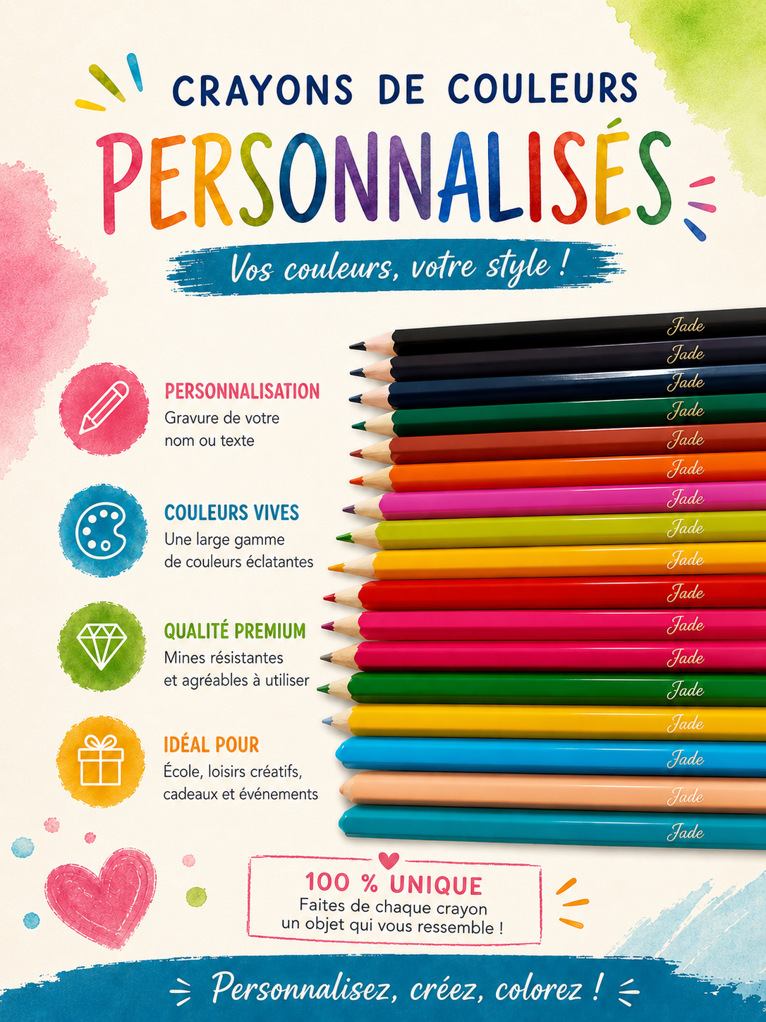 18 crayons de couleurs personnalisés