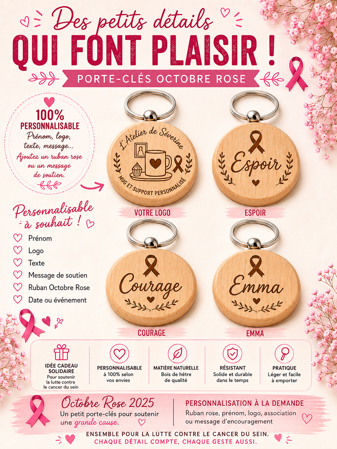 Porte clé bois octobre rose